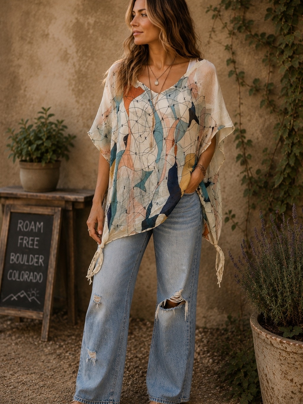 Cocoon House L/XL 100% Silk Blouse Handmade China Abstract Bird Art Boho Tunic